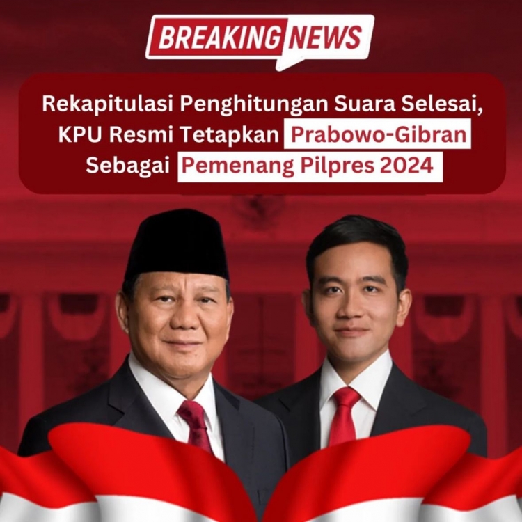Rekapitulasi Suara Selesai, KPU Resmi Tetapkan Prabowo-Gibran Sebagai Pemenang Pilpres 2024